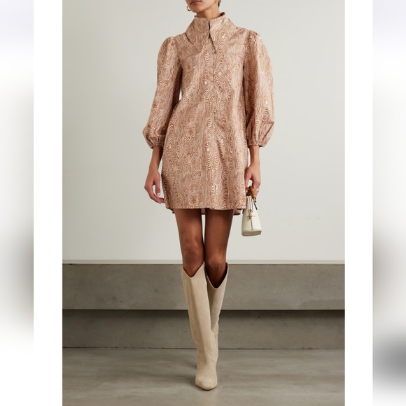 Batsheva Robin Embellished Printed Woodgrain Cotton Poplin Mini Shirt Dress Sz 2 - Picture 1 of 15